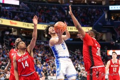 Washington, DC - March 14, 2024: Duke Blue Devils guard Jared McCain (0) takes a shot during the quarterfinal round of the 2024 ACC Tournament between Duke and NC State at Capital One Arena in Washington, DC.  (Photo by Elliott Brown/A Lot of Sports Talk)