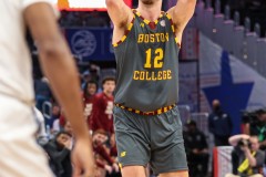 Washington, DC - March 14, 2024: Boston College Eagles forward Quinten Post (12) attempts a shot during the quarterfinal round of the 2024 ACC Tournament between Virginia and Boston College at Capital One Arena in Washington, DC.  (Photo by Elliott Brown/A Lot of Sports Talk)