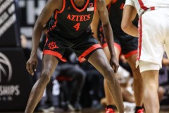 March 14, 2024: San Diego State Aztecs forward Jay Pal (4) on defense during the first half of the Men’s Quarterfinals of the Mountain West Conference tournament, Thursday, March 14, 2024, in Las Vegas, NV. Christopher Trim/A Lot of Sports Talk.