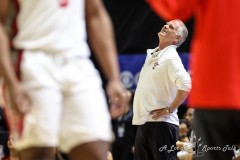 March 14, 2024: San Diego State Aztecs head coach Brian Dutcher looks up at the scoreboard during the first half of the Men’s Quarterfinals of the Mountain West Conference tournament, Thursday, March 14, 2024, in Las Vegas, NV. Christopher Trim/A Lot of Sports Talk.