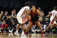 March 14, 2024: San Diego State Aztecs forward Jaedon LeDee (13) plays defense during the first half of the Men’s Quarterfinals of the Mountain West Conference tournament, Thursday, March 14, 2024, in Las Vegas, NV. Christopher Trim/A Lot of Sports Talk.
