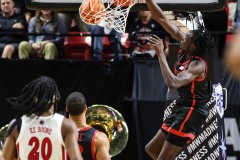 March 14, 2024: San Diego State Aztecs forward Jay Pal (4) dunks the ball during the second half of the Men’s Quarterfinals of the Mountain West Conference tournament, Thursday, March 14, 2024, in Las Vegas, NV. Christopher Trim/A Lot of Sports Talk.