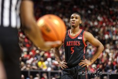 March 14, 2024: San Diego State Aztecs guard Lamont Butler (5) waits for the ball to be put in play during the second half of the Men’s Quarterfinals of the Mountain West Conference tournament, Thursday, March 14, 2024, in Las Vegas, NV. Christopher Trim/A Lot of Sports Talk.