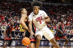 March 14, 2024: UNLV Rebels forward Rob Whaley Jr. (5) looses the ball during the second half of the Men’s Quarterfinals of the Mountain West Conference tournament, Thursday, March 14, 2024, in Las Vegas, NV. Christopher Trim/A Lot of Sports Talk.