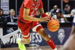 March 14, 2024: Fresno State Bulldogs guard Donavan Yap Jr. (0) drives the lane during the first half of the Men’s Quarterfinals of the Mountain West Conference tournament, Thursday, March 14, 2024, in Las Vegas, NV. Christopher Trim/A Lot of Sports Talk.