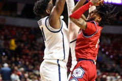 March 14, 2024: Fresno State Bulldogs guard Donavan Yap Jr. (0) shoots the ball during the first half of the Men’s Quarterfinals of the Mountain West Conference tournament, Thursday, March 14, 2024, in Las Vegas, NV. Christopher Trim/A Lot of Sports Talk.