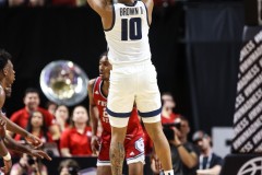 March 14, 2024: Utah State Aggies guard Darius Brown II (10) shoots the ball during the first half of the Men’s Quarterfinals of the Mountain West Conference tournament, Thursday, March 14, 2024, in Las Vegas, NV. Christopher Trim/A Lot of Sports Talk.