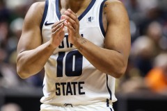 March 14, 2024: Utah State Aggies guard Darius Brown II (10) on the court during the first half of the Men’s Quarterfinals of the Mountain West Conference tournament, Thursday, March 14, 2024, in Las Vegas, NV. Christopher Trim/A Lot of Sports Talk.