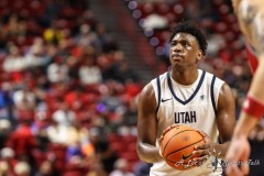 March 14, 2024: Utah State Aggies forward Great Osobor (1) shoot a free throw during the second half of the Men’s Quarterfinals of the Mountain West Conference tournament, Thursday, March 14, 2024, in Las Vegas, NV. Christopher Trim/A Lot of Sports Talk.