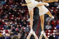 March 14, 2024: Utah State Aggies cheerleaders perform during the second half of the Men’s Quarterfinals of the Mountain West Conference tournament, Thursday, March 14, 2024, in Las Vegas, NV. Christopher Trim/A Lot of Sports Talk.