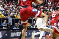 March 14, 2024: Fresno State Bulldogs guard Isaiah Hill (3) grabs a rebound during the second half of the Men’s Quarterfinals of the Mountain West Conference tournament, Thursday, March 14, 2024, in Las Vegas, NV. Christopher Trim/A Lot of Sports Talk.