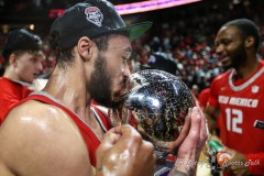 March 16, 2024: New Mexico Lobos guard Jaelen House (10) kisses the MVP trophy after winning the Men’s Mountain West Conference tournament, Saturday, March 16, 2024, in Las Vegas, NV. Christopher Trim/A Lot of Sports Talk.