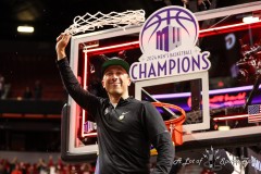 March 16, 2024: New Mexico Lobos head coach Richard Pitino swing a remnant of a net over his head after winning the Men’s Mountain West Conference tournament, Saturday, March 16, 2024, in Las Vegas, NV. Christopher Trim/A Lot of Sports Talk.