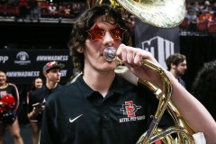 March 16, 2024: A member of the San Diego State Aztecs band warms-up prior to the start of the Men’s Finals of the Mountain West Conference tournament, Saturday, March 16, 2024, in Las Vegas, NV. Christopher Trim/A Lot of Sports Talk.