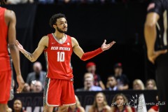 March 16, 2024: New Mexico Lobos guard Jaelen House (10) makes a gesture towards the referee after being called for a technical foul during the second half of the Men’s Finals of the Mountain West Conference tournament, Saturday, March 16, 2024, in Las Vegas, NV. Christopher Trim/A Lot of Sports Talk.