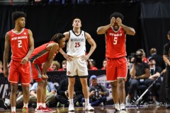 March 16, 2024: New Mexico Lobos guard Jamal Mashburn Jr. (5) grimaces in pain during the second half of the Men’s Finals of the Mountain West Conference tournament, Saturday, March 16, 2024, in Las Vegas, NV. Christopher Trim/A Lot of Sports Talk.