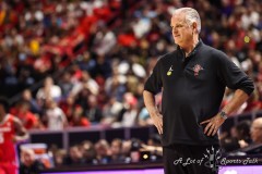 March 16, 2024: San Diego State Aztecs head coach Brian Dutcher looks towards the court during the second half of the Men’s Finals of the Mountain West Conference tournament, Saturday, March 16, 2024, in Las Vegas, NV. Christopher Trim/A Lot of Sports Talk.