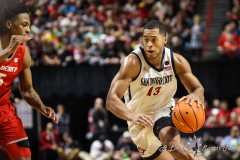 March 16, 2024: San Diego State Aztecs forward Jaedon LeDee (13) dribbles the ball during the second half of the Men’s Finals of the Mountain West Conference tournament, Saturday, March 16, 2024, in Las Vegas, NV. Christopher Trim/A Lot of Sports Talk.