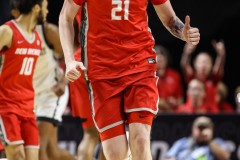 March 16, 2024: New Mexico Lobos center Sebastian Forsling (21) runs down the court during the second half of the Men’s Finals of the Mountain West Conference tournament, Saturday, March 16, 2024, in Las Vegas, NV. Christopher Trim/A Lot of Sports Talk.