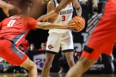 March 16, 2024: San Diego State Aztecs guard Micah Parrish (3) looks to pass the ball during the second half of the Men’s Finals of the Mountain West Conference tournament, Saturday, March 16, 2024, in Las Vegas, NV. Christopher Trim/A Lot of Sports Talk.
