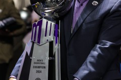 March 16, 2024: The championship trophy on display during the second half of the Men’s Finals of the Mountain West Conference tournament, Saturday, March 16, 2024, in Las Vegas, NV. Christopher Trim/A Lot of Sports Talk.