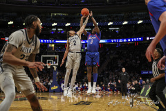NEW YORK — MARCH 12:  DePaul Blue Demons guard Layden Blocker (2) takes a shot over Georgetown Hoyas guard Malik Mack (2) during the 2025 Big East Tournament first round at Madison Square Garden on March 12, 2025, in New York.  (Scott Rausenberger/A Lot of Sports Talk)