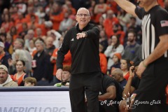 During the ACC conference basketball game between Syracuse University and Miami University, Miami head coach JIM LARRAÑAGA tries to get the referees attention during the second half of the game held at the JMA Wireless Dome on the campus of Syracuse University.