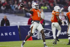 During the 13th annual  BAD BOY MOWERS PINSTRIPE BOWL  between Big Ten conference Rutgers University and Atlantic Coast Conference University of Miami,  Miami quarterback JACURRI BROWN (11) throws a pass during the second half of the game at Yankee Stadium in The Bronx.