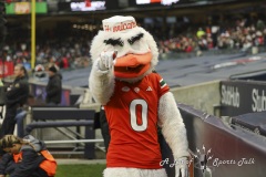 During the 13th annual  BAD BOY MOWERS PINSTRIPE BOWL  between Big Ten conference Rutgers University and Atlantic Coast Conference University of Miami, Miami Mascot SEBASTIAN THE IBIS (0) gets into the spirit during the first half of the game at Yankee Stadium in The Bronx.