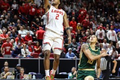March 15, 2024: New Mexico Lobos guard Donovan Dent (2) goes in the a layup during the first half of the Men’s Semifinals of the Mountain West Conference tournament, Friday, March 15, 2024, in Las Vegas, NV. Christopher Trim/A Lot of Sports Talk.