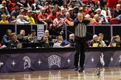 March 15, 2024: A referee calls a foul during the first half of the Men’s Semifinals of the Mountain West Conference tournament, Friday, March 15, 2024, in Las Vegas, NV. Christopher Trim/A Lot of Sports Talk.