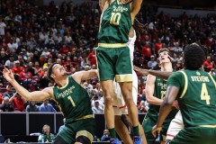March 15, 2024: Colorado State Rams guard Nique Clifford (10) grabs a rebound during the first half of the Men’s Semifinals of the Mountain West Conference tournament, Friday, March 15, 2024, in Las Vegas, NV. Christopher Trim/A Lot of Sports Talk.