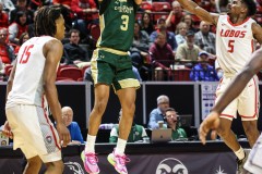 March 15, 2024: Colorado State Rams guard Josiah Strong (3) shoots the ball during the second half of the Men’s Semifinals of the Mountain West Conference tournament, Friday, March 15, 2024, in Las Vegas, NV. Christopher Trim/A Lot of Sports Talk.