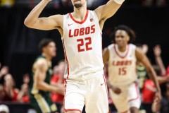 March 15, 2024: New Mexico Lobos forward Mustapha Amzil (22) celebrates after making a three point shot during the second half of the Men’s Semifinals of the Mountain West Conference tournament, Friday, March 15, 2024, in Las Vegas, NV. Christopher Trim/A Lot of Sports Talk.