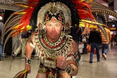 March 15, 2024: A San Diego State Aztecs fan dressed as an Aztec Warrior poses for a photo prior to the start of the Men’s Semifinals of the Mountain West Conference tournament, Friday, March 15, 2024, in Las Vegas, NV. Christopher Trim/A Lot of Sports Talk.