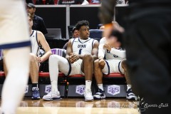 March 15, 2024: Utah State Aggies forward Great Osobor (1) on the bench prior to the start of the Men’s Semifinals of the Mountain West Conference tournament, Friday, March 15, 2024, in Las Vegas, NV. Christopher Trim/A Lot of Sports Talk.