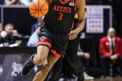 March 15, 2024: San Diego State Aztecs guard Micah Parrish (3) dribbles the ball up the court during the first half of the Men’s Semifinals of the Mountain West Conference tournament, Friday, March 15, 2024, in Las Vegas, NV. Christopher Trim/A Lot of Sports Talk.
