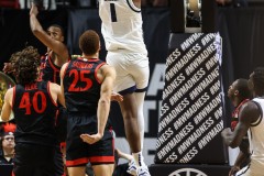 March 15, 2024: Utah State Aggies forward Great Osobor (1) dunks the ball during the first half of the Men’s Semifinals of the Mountain West Conference tournament, Friday, March 15, 2024, in Las Vegas, NV. Christopher Trim/A Lot of Sports Talk.