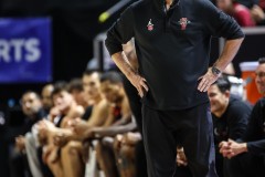 March 15, 2024: San Diego State Aztecs head coach Brian Dutcher on the court during the first half of the Men’s Semifinals of the Mountain West Conference tournament, Friday, March 15, 2024, in Las Vegas, NV. Christopher Trim/A Lot of Sports Talk.