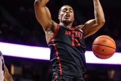 March 15, 2024: San Diego State Aztecs forward Jaedon LeDee (13) dunks the ball during the first half of the Men’s Semifinals of the Mountain West Conference tournament, Friday, March 15, 2024, in Las Vegas, NV. Christopher Trim/A Lot of Sports Talk.