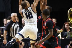 March 15, 2024: Utah State Aggies guard Darius Brown II (10) shoots the ball during the first half of the Men’s Semifinals of the Mountain West Conference tournament, Friday, March 15, 2024, in Las Vegas, NV. Christopher Trim/A Lot of Sports Talk.