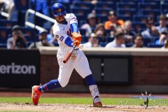 NEW YORK — AUGUST 21: New York Mets shortstop Francisco Lindor (12) hits a home run against the Baltimore Orioles during the third inning at Citi Field on August 21, 2024, in New York, New York. (Gregory Fisher/A Lot of Sports Talk)