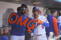 NEW YORK — AUGUST 21: New York Mets shortstop Francisco Lindor (12) poses for a photo in the dugout after hitting a home run against the Baltimore Orioles during the third inning at Citi Field on August 21, 2024, in New York, New York. (Gregory Fisher/A Lot of Sports Talk)