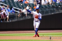 NEW YORK — AUGUST 21: New York Mets shortstop Francisco Lindor (12) throws out Baltimore Orioles catcher Adley Rutschman (not pictured) after fielding a ground ball during the first inning at Citi Field on August 21, 2024, in New York, New York. (Gregory Fisher/A Lot of Sports Talk)