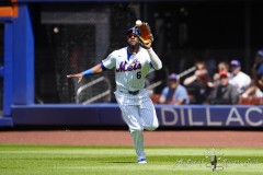 NEW YORK — AUGUST 21: New York Mets right fielder Starling Marte (6) catches a fly ball hit by Baltimore Orioles shortstop Gunnar Henderson (not pictured) during the first inning at Citi Field on August 21, 2024, in New York, New York. (Gregory Fisher/A Lot of Sports Talk)