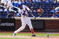 NEW YORK — AUGUST 21: New York Mets right fielder Starling Marte (6) hits a double against the Baltimore Orioles during the second inning at Citi Field on August 21, 2024, in New York, New York. (Gregory Fisher/A Lot of Sports Talk)