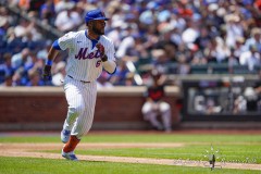 NEW YORK — AUGUST 21: New York Mets right fielder Starling Marte (6) runs out a double against the Baltimore Orioles during the second inning at Citi Field on August 21, 2024, in New York, New York. (Gregory Fisher/A Lot of Sports Talk)