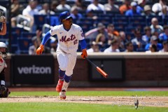 NEW YORK — AUGUST 21: New York Mets shortstop Francisco Lindor (12) watches his home run against the Baltimore Orioles during the third inning at Citi Field on August 21, 2024, in New York, New York. (Gregory Fisher/A Lot of Sports Talk)