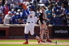 NEW YORK — AUGUST 21: New York Mets shortstop Francisco Lindor (12) reacts to hitting a home run as he crosses home plate against the Baltimore Orioles during the third inning at Citi Field on August 21, 2024, in New York, New York. (Gregory Fisher/A Lot of Sports Talk)