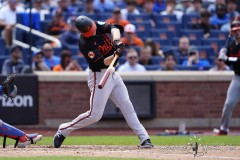 NEW YORK — AUGUST 21: Baltimore Orioles left fielder Austin Slater (15) hits a two run home run against the New York Mets during the sixth inning at Citi Field on August 21, 2024, in New York, New York. (Gregory Fisher/A Lot of Sports Talk)